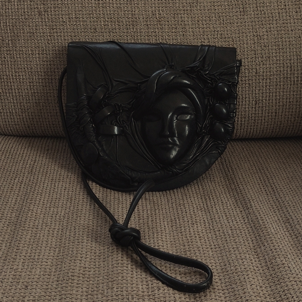 Elegant Black Leather 2-D Women's Face Handbag